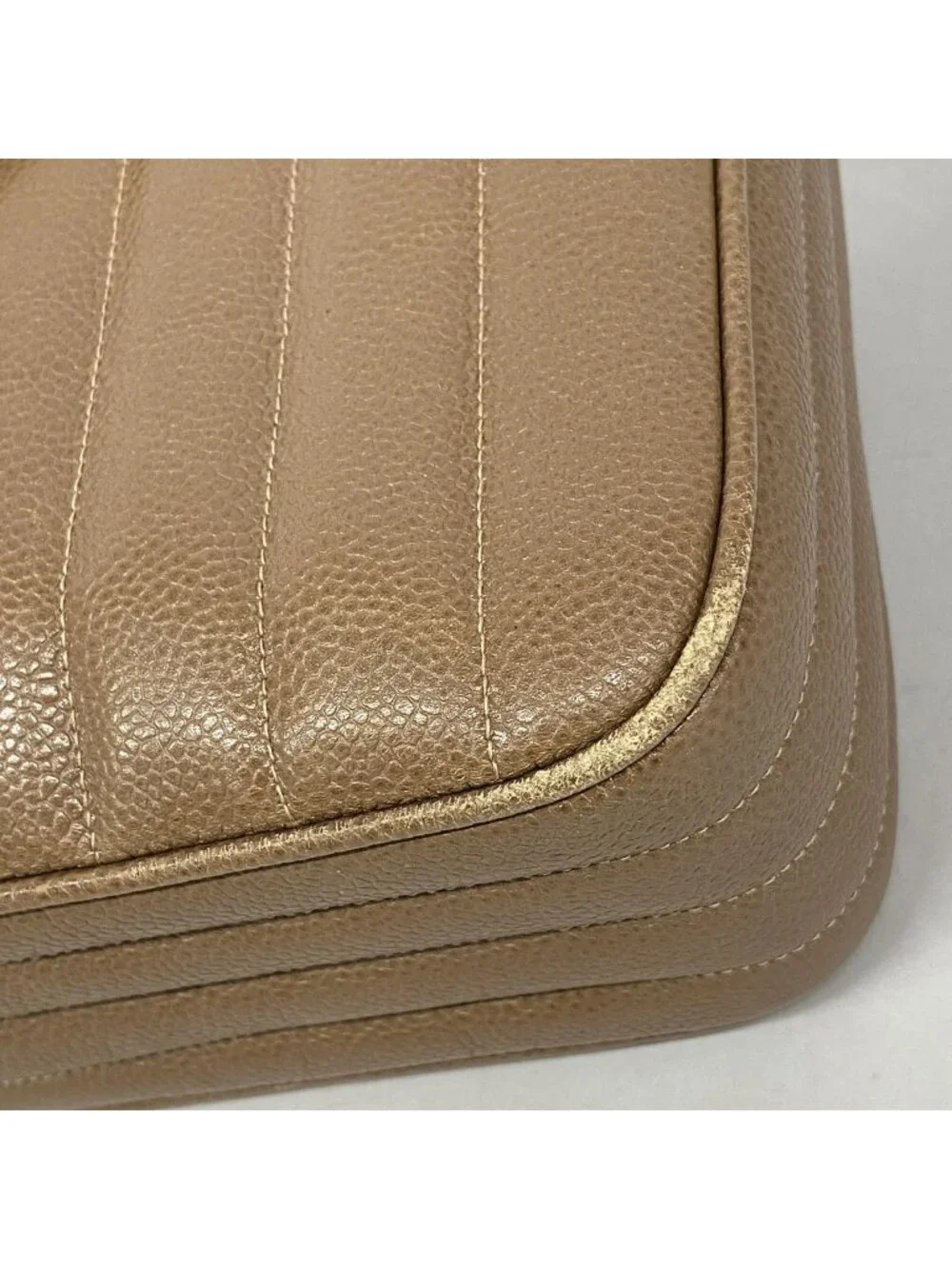 Chanel Shoulder Bag Mademoiselle Jumbo CC Logo Caviar Leather Light Brown Gold